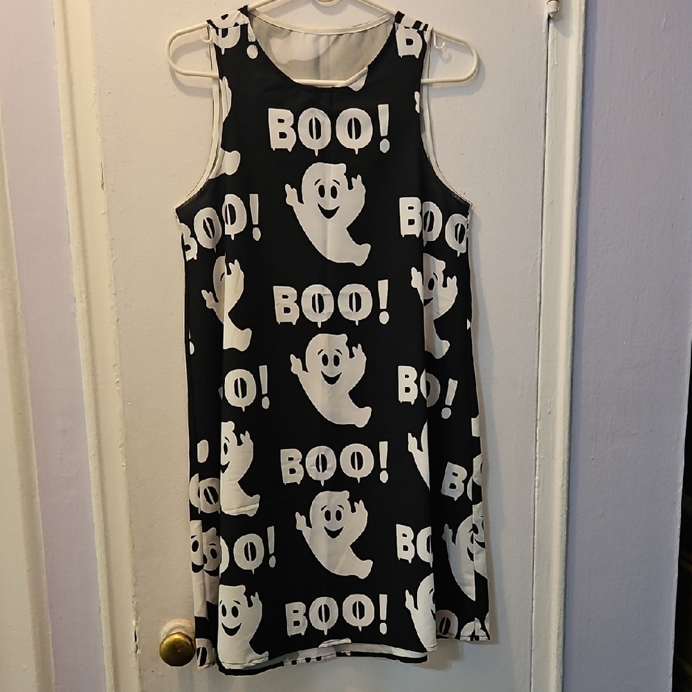 Boo Ghost Dress Black and White Ghost Print Dress